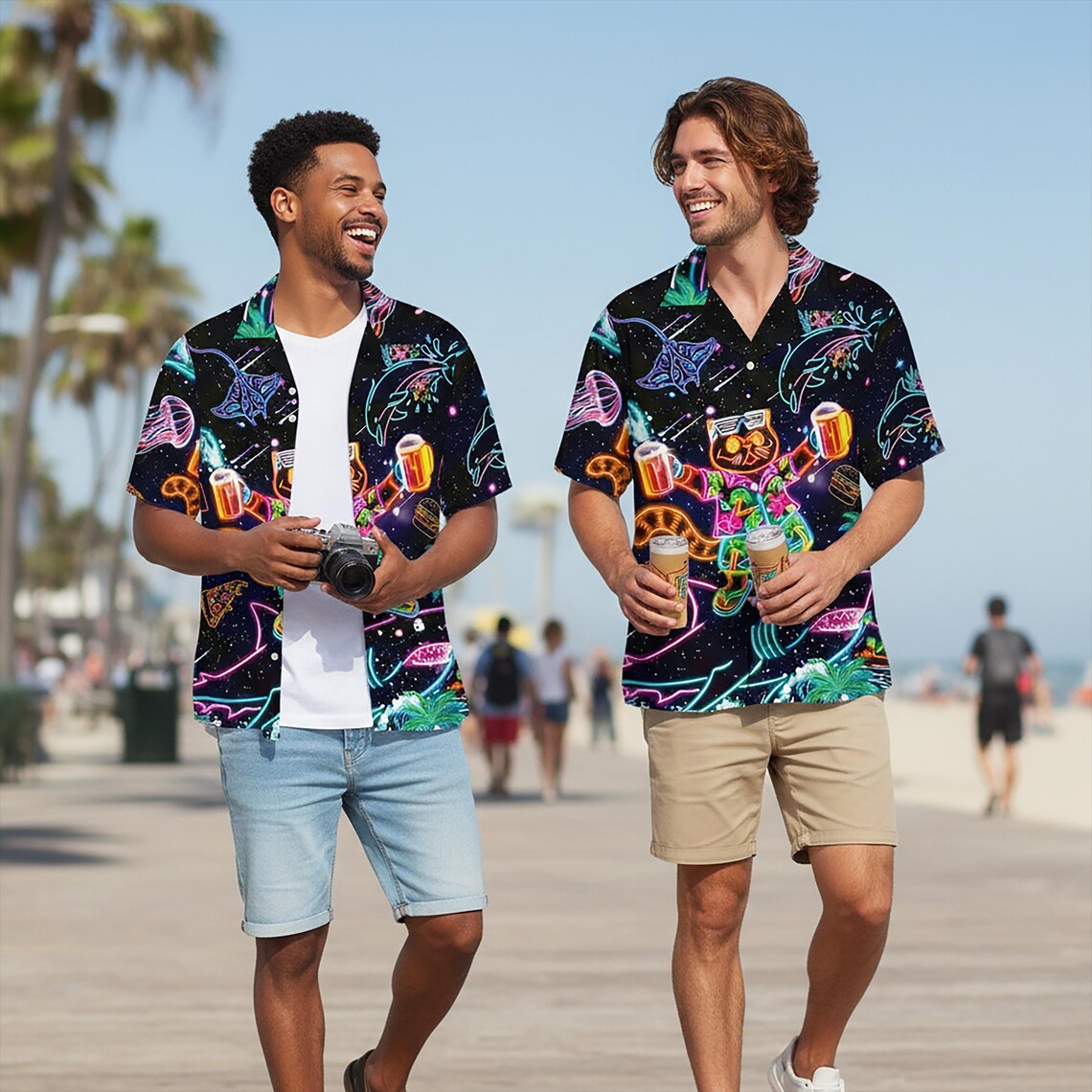 Neon Cat And Shark Hawaiian Shirt, Retro Space Party Animals Button Up, Psychedelic Dolphin Jellyfish Beach Wear