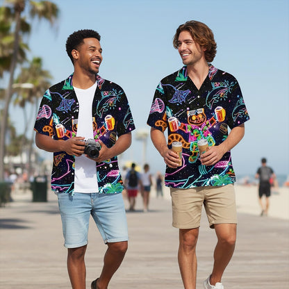 Neon Cat And Shark Hawaiian Shirt, Retro Space Party Animals Button Up, Psychedelic Dolphin Jellyfish Beach Wear