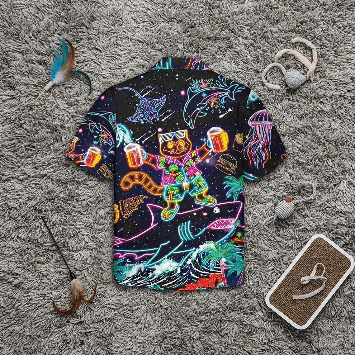 Neon Cat And Shark Hawaiian Shirt, Retro Space Party Animals Button Up, Psychedelic Dolphin Jellyfish Beach Wear