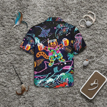 Neon Cat And Shark Hawaiian Shirt, Retro Space Party Animals Button Up, Psychedelic Dolphin Jellyfish Beach Wear