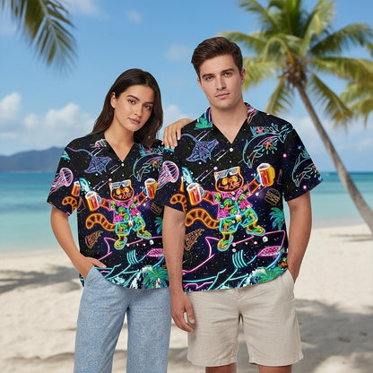 Neon Cat And Shark Hawaiian Shirt, Retro Space Party Animals Button Up, Psychedelic Dolphin Jellyfish Beach Wear