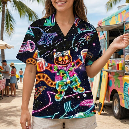 Neon Cat And Shark Hawaiian Shirt, Retro Space Party Animals Button Up, Psychedelic Dolphin Jellyfish Beach Wear