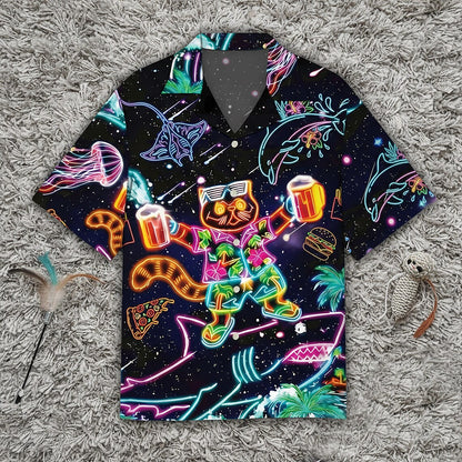 Neon Cat And Shark Hawaiian Shirt, Retro Space Party Animals Button Up, Psychedelic Dolphin Jellyfish Beach Wear