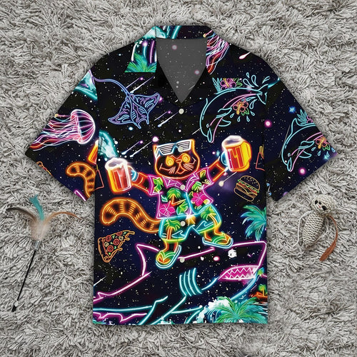 Neon Cat And Shark Hawaiian Shirt, Retro Space Party Animals Button Up, Psychedelic Dolphin Jellyfish Beach Wear