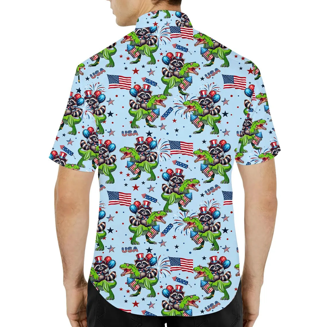 Patriotic Raccoon Dinosaur Hawaiian Shirt Men Women Youth, Funny USA Raccoon Riding T Rex Aloha Shirt, 4th of July Short Sleeve Button Down