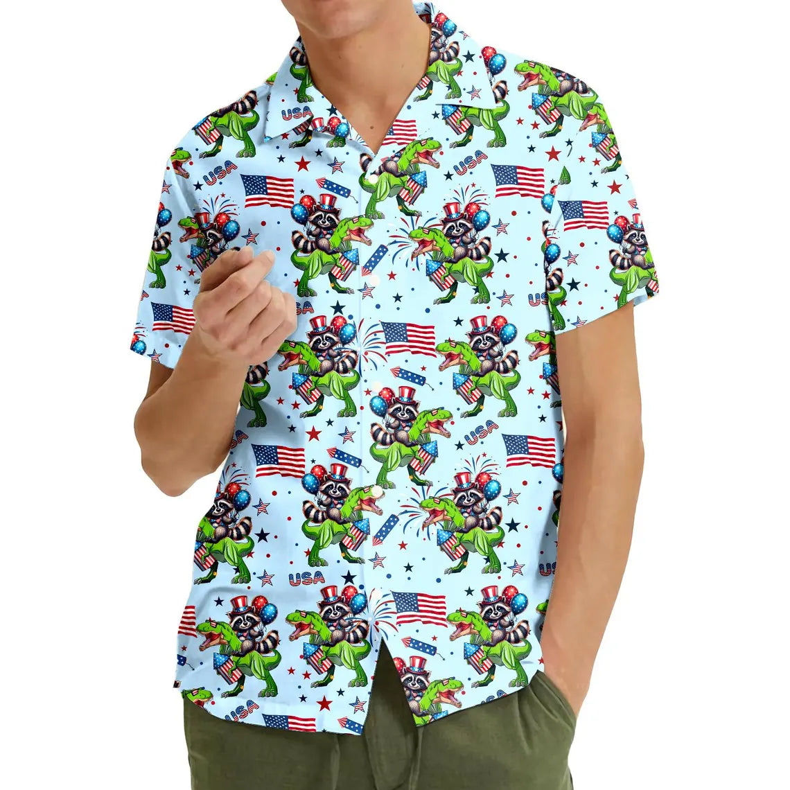 Patriotic Raccoon Dinosaur Hawaiian Shirt Men Women Youth, Funny USA Raccoon Riding T Rex Aloha Shirt, 4th of July Short Sleeve Button Down