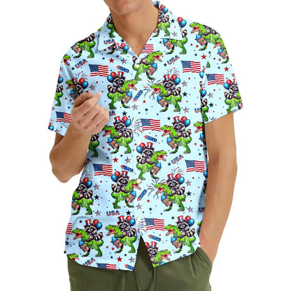 Patriotic Raccoon Dinosaur Hawaiian Shirt Men Women Youth, Funny USA Raccoon Riding T Rex Aloha Shirt, 4th of July Short Sleeve Button Down