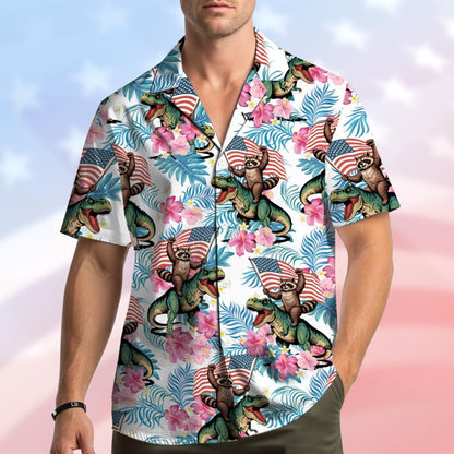 Patriotic Raccoon Dinosaur Hawaiian Shirt Men Women Youth, USA Flag 4th of July Aloha Shirt Summer Button Down, Funny Independence Day Gift
