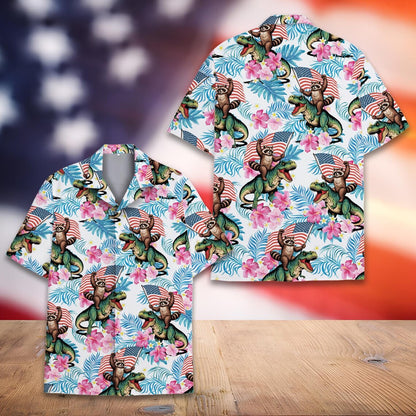 Patriotic Raccoon Dinosaur Hawaiian Shirt Men Women Youth, USA Flag 4th of July Aloha Shirt Summer Button Down, Funny Independence Day Gift