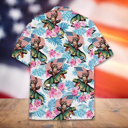 Patriotic Raccoon Dinosaur Hawaiian Shirt Men Women Youth, USA Flag 4th of July Aloha Shirt Summer Button Down, Funny Independence Day Gift