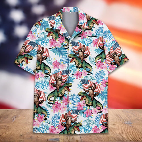 Patriotic Raccoon Dinosaur Hawaiian Shirt Men Women Youth, USA Flag 4th of July Aloha Shirt Summer Button Down, Funny Independence Day Gift
