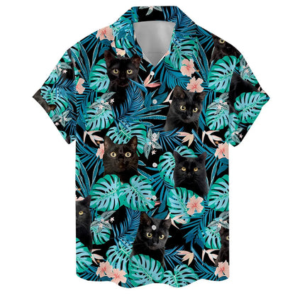 Custom Photo Tropical Black Cat Hawaiian Shirt, Funny Floral Aloha Shirt