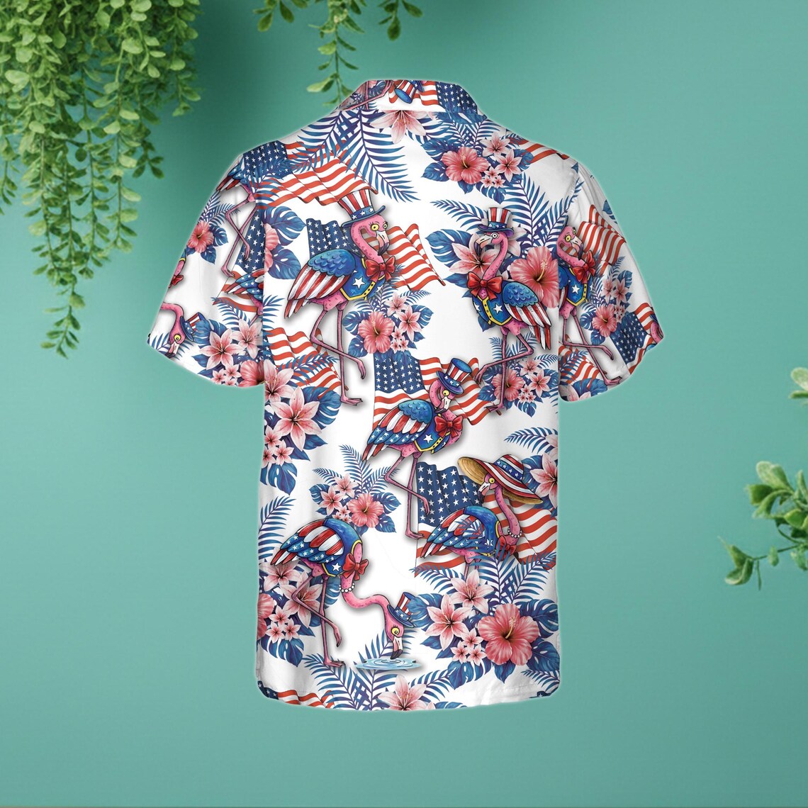 Patriotic Flamingo American Flag Hawaiian Shirt, Tropical Uncle Sam Bird Print, USA Pride Button Up, Funny 4th of July Summer Top