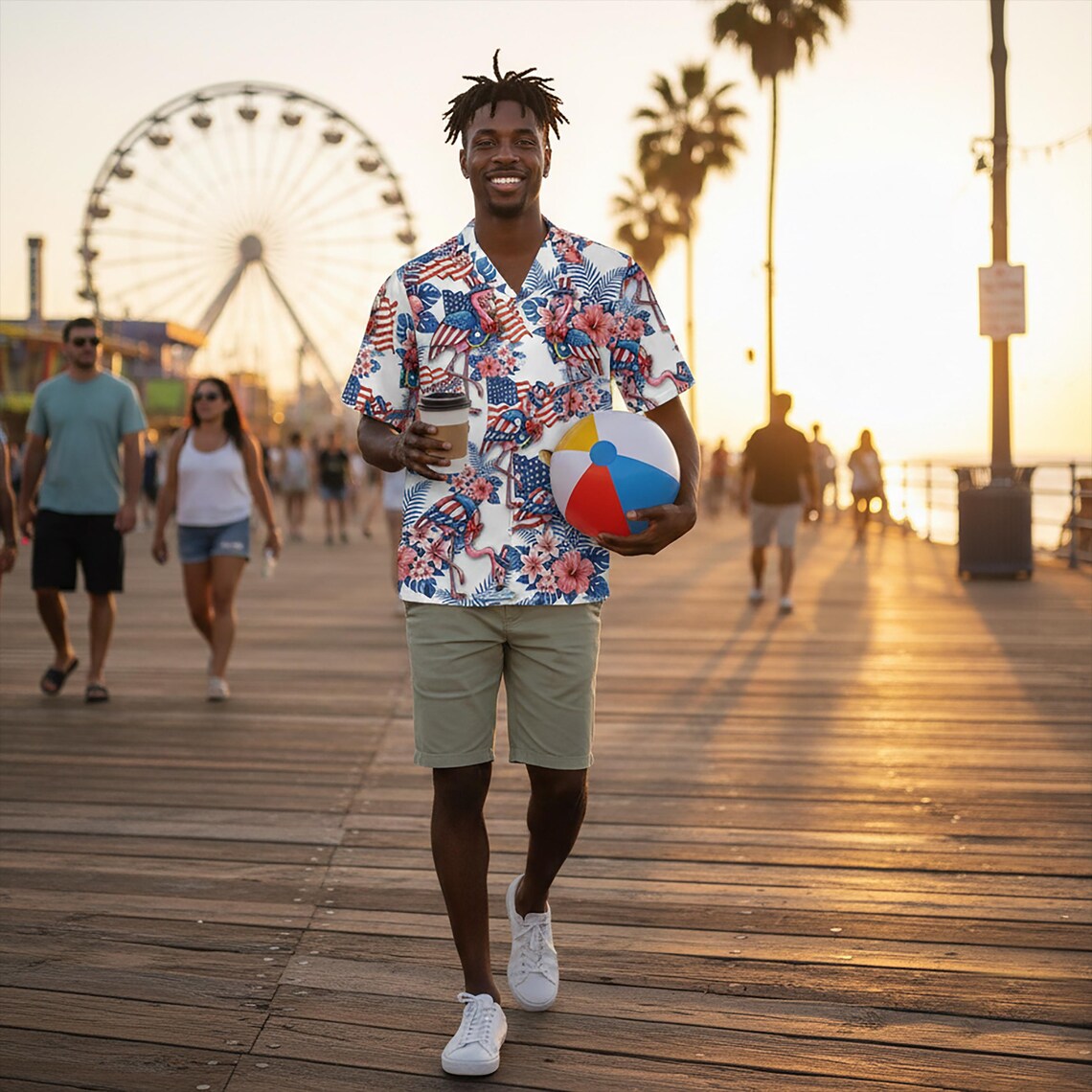 Patriotic Flamingo American Flag Hawaiian Shirt, Tropical Uncle Sam Bird Print, USA Pride Button Up, Funny 4th of July Summer Top