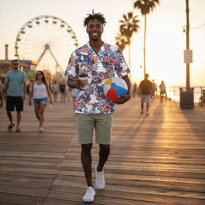 Patriotic Flamingo American Flag Hawaiian Shirt, Tropical Uncle Sam Bird Print, USA Pride Button Up, Funny 4th of July Summer Top
