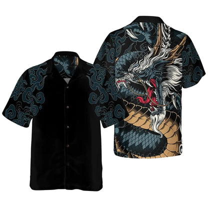 Black Dragon Hawaiian Shirt, Japanese Wave Aloha Button Up