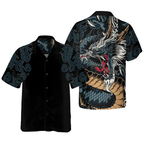 Black Dragon Hawaiian Shirt, Japanese Wave Aloha Button Up