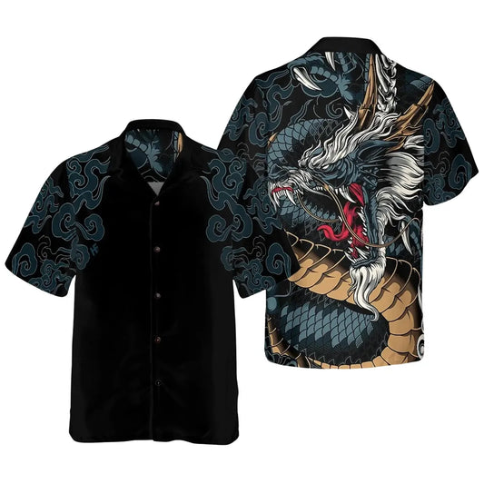 Black Dragon Hawaiian Shirt, Japanese Wave Aloha Button Up
