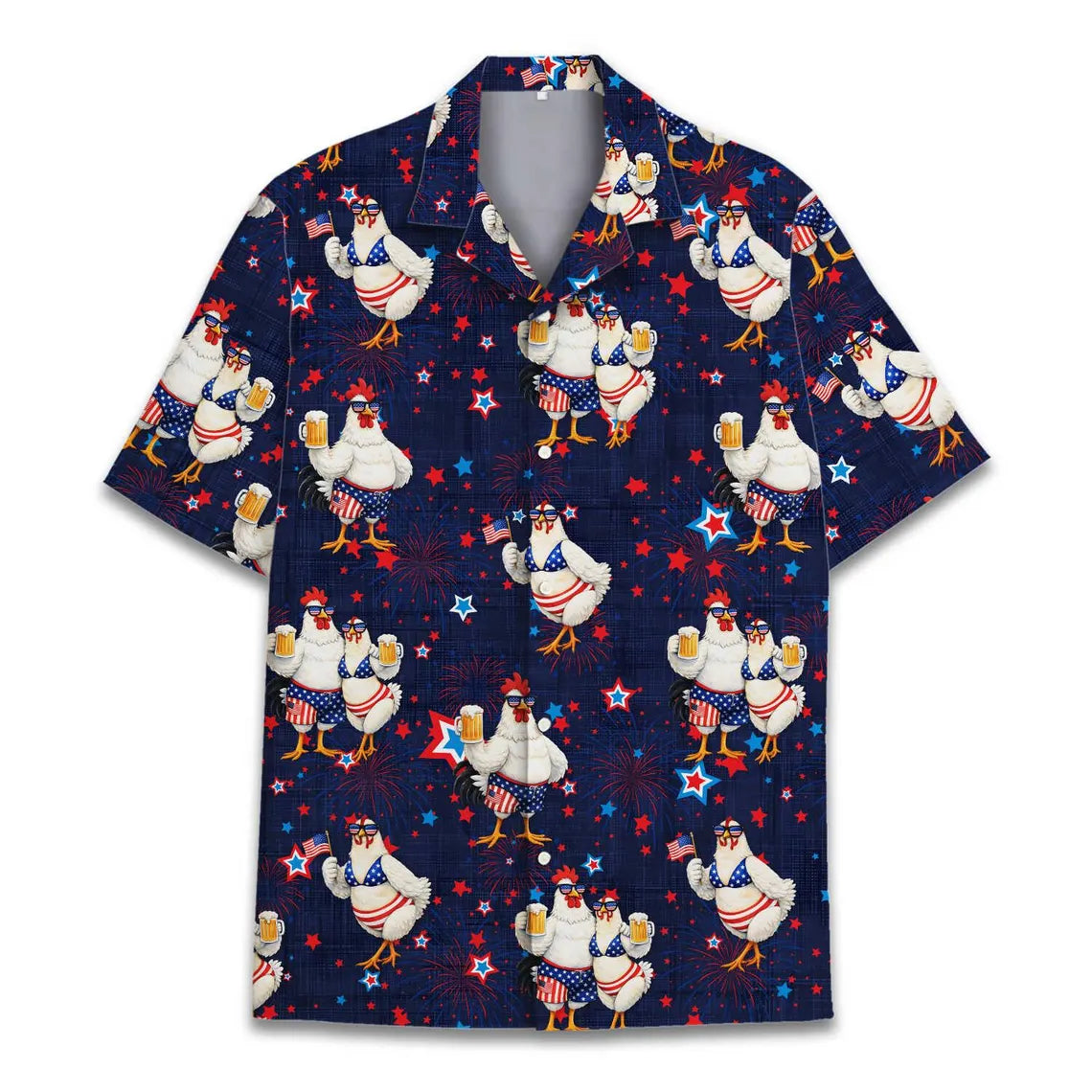 Funny Patriotic Chicken Hawaiian Shirt Men Women, 4th Of July Rooster Aloha Shirt, USA Fireworks Beer Party Button Down