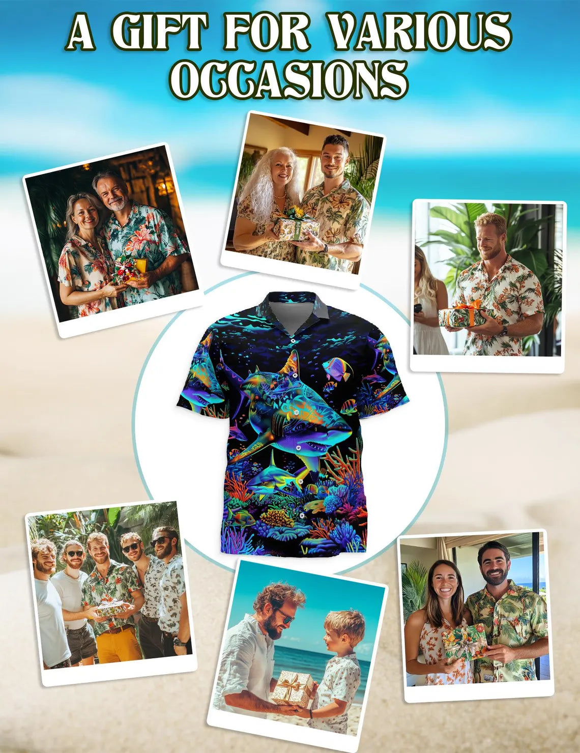 Neon Shark Hawaiian Shirt, Colorful Ocean Aloha Shirt, Underwater Sea Life Button Up Shirt
