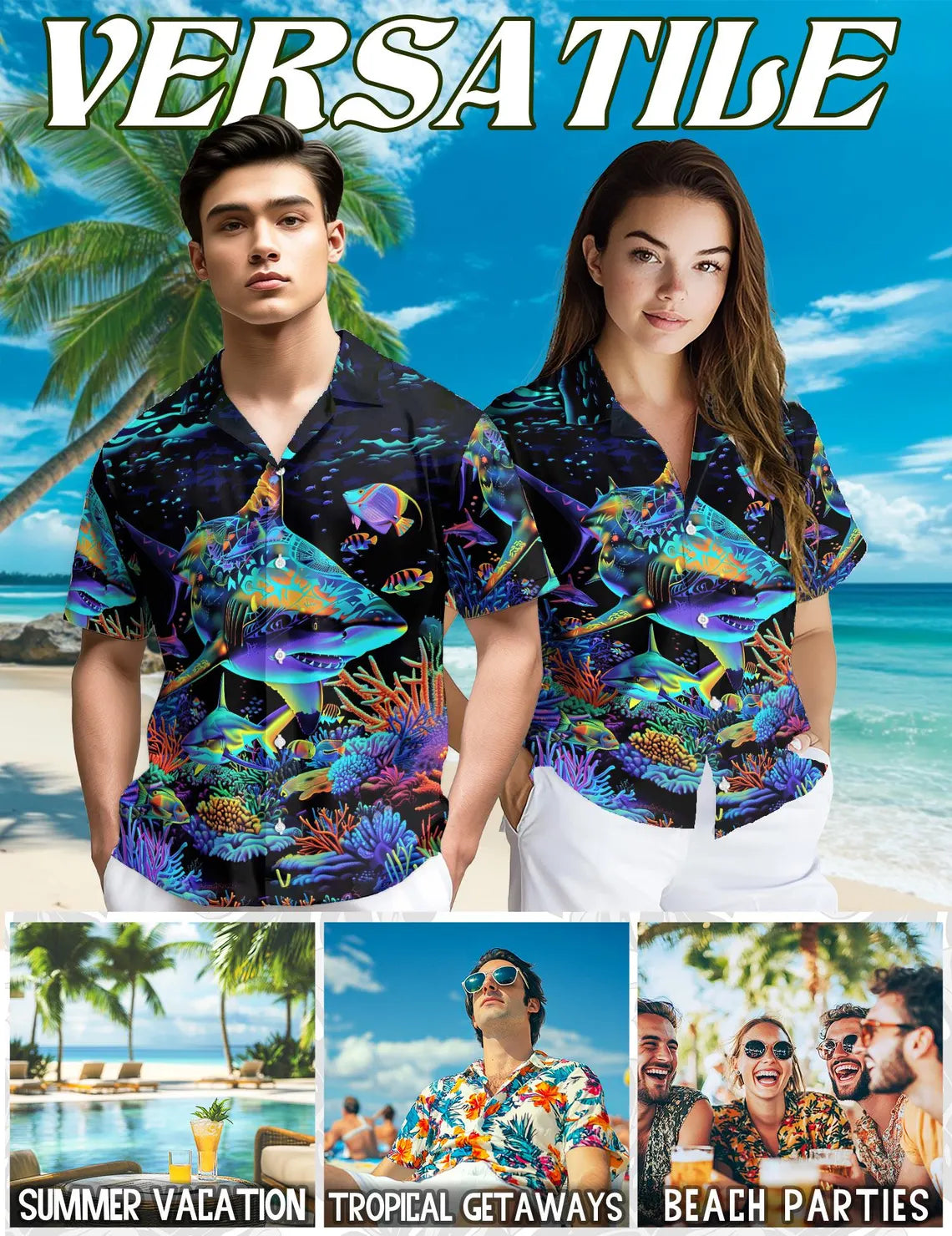 Neon Shark Hawaiian Shirt, Colorful Ocean Aloha Shirt, Underwater Sea Life Button Up Shirt