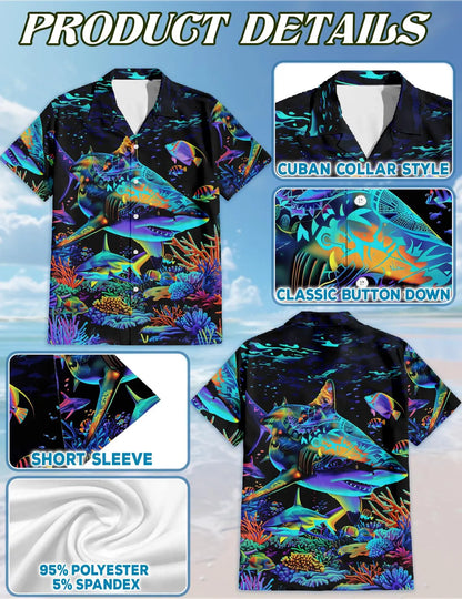 Neon Shark Hawaiian Shirt, Colorful Ocean Aloha Shirt, Underwater Sea Life Button Up Shirt