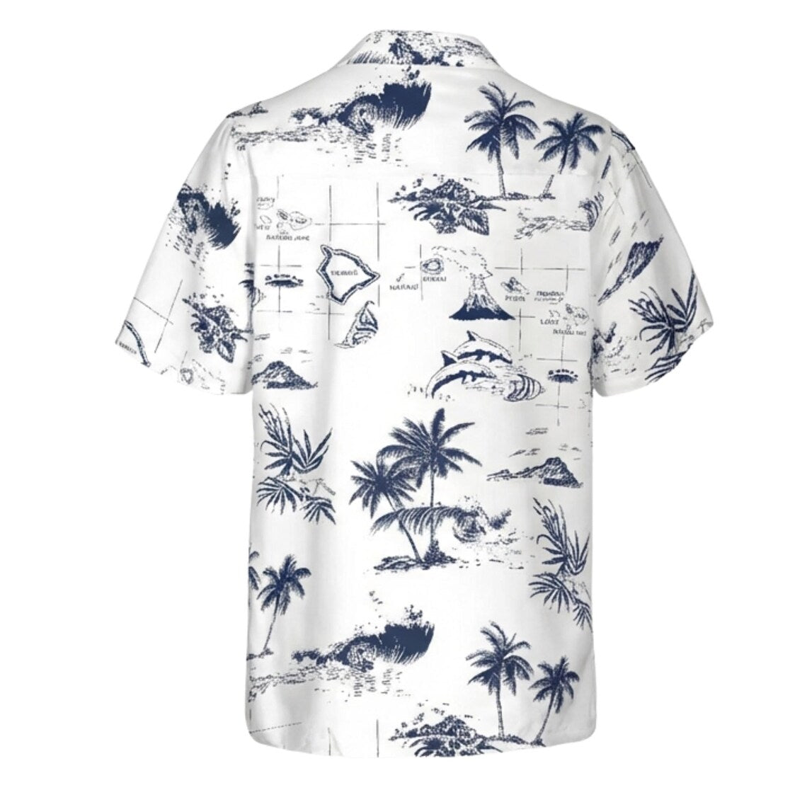 Hawaiian Map Hawaiian Shirt for Men, White & Navy Palm Tree Aloha Button Up
