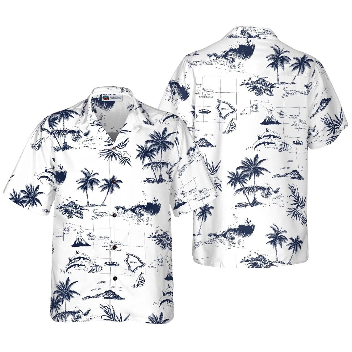 Hawaiian Map Hawaiian Shirt for Men, White & Navy Palm Tree Aloha Button Up