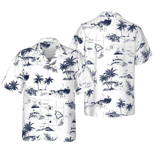 Hawaiian Map Hawaiian Shirt for Men, White & Navy Palm Tree Aloha Button Up