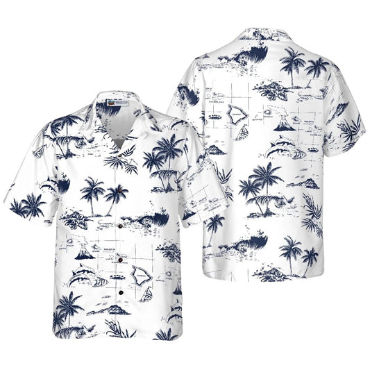 Hawaiian Map Hawaiian Shirt for Men, White & Navy Palm Tree Aloha Button Up