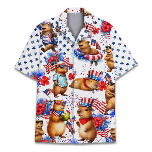 Patriotic Capybara Hawaiian Shirt Men Women Youth, 4th Of July USA Aloha Shirt Button Up, American Flag Shirt, Animal Lover Gift
