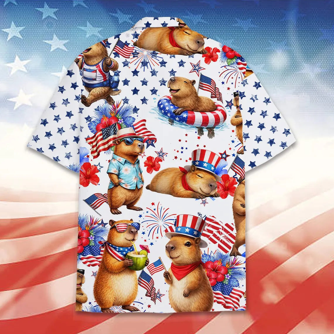Patriotic Capybara Hawaiian Shirt Men Women Youth, 4th Of July USA Aloha Shirt Button Up, American Flag Shirt, Animal Lover Gift