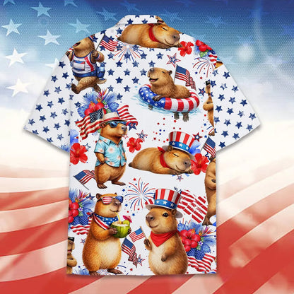 Patriotic Capybara Hawaiian Shirt Men Women Youth, 4th Of July USA Aloha Shirt Button Up, American Flag Shirt, Animal Lover Gift