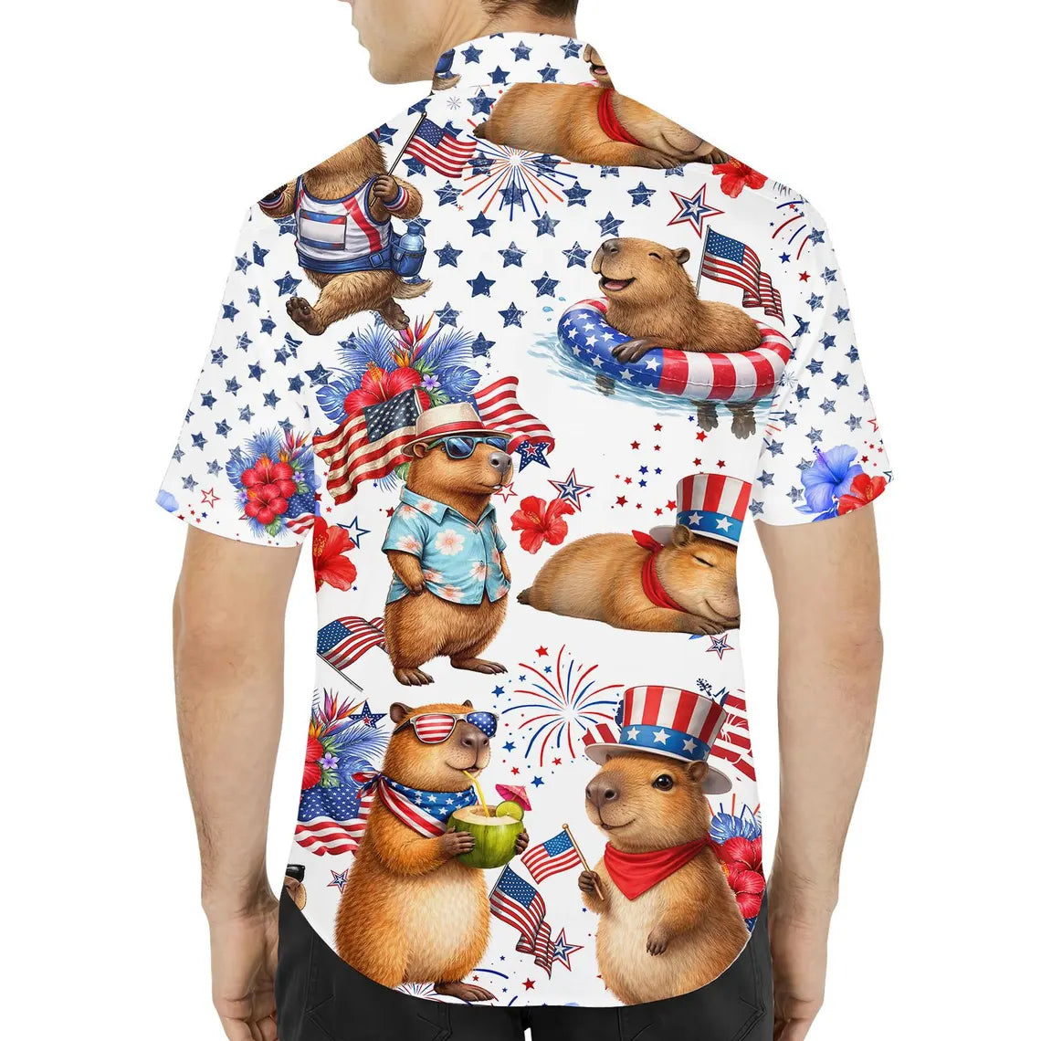 Patriotic Capybara Hawaiian Shirt Men Women Youth, 4th Of July USA Aloha Shirt Button Up, American Flag Shirt, Animal Lover Gift