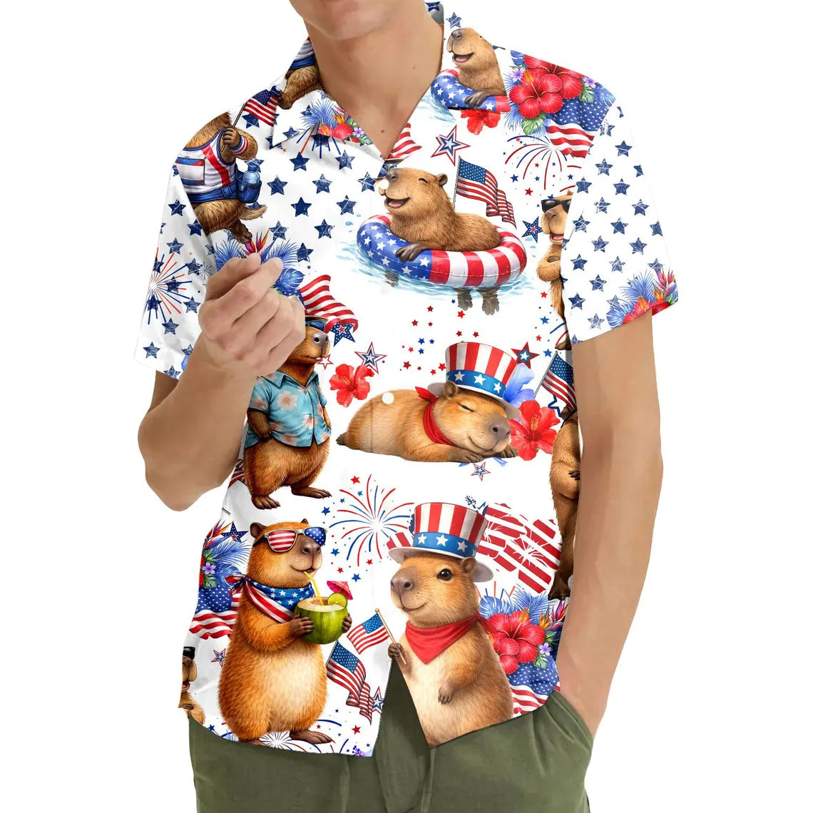 Patriotic Capybara Hawaiian Shirt Men Women Youth, 4th Of July USA Aloha Shirt Button Up, American Flag Shirt, Animal Lover Gift
