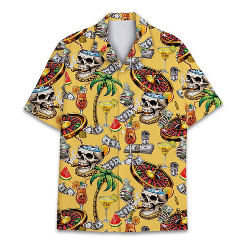 Skull and Money Hawaiian Shirt Men Women, Casino Aloha Shirt, Tropical Cocktail and Roulette Print Shirt, Gambling Shirt