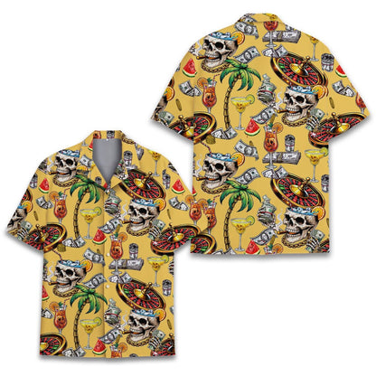 Skull and Money Hawaiian Shirt Men Women, Casino Aloha Shirt, Tropical Cocktail and Roulette Print Shirt, Gambling Shirt
