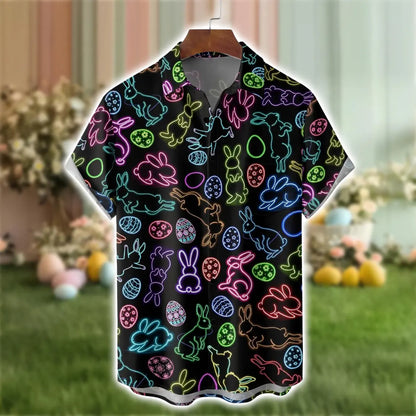 Easter Hawaiian Shirt, Lightweight Breathable Comfort, Neon Lights Bunny & Easter Egg Chest Pocket Print