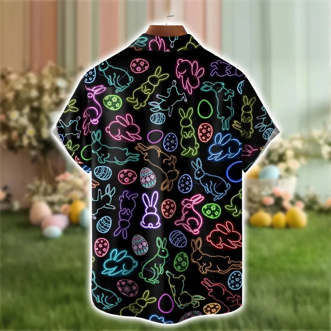 Easter Hawaiian Shirt, Lightweight Breathable Comfort, Neon Lights Bunny & Easter Egg Chest Pocket Print
