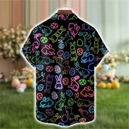Easter Hawaiian Shirt, Lightweight Breathable Comfort, Neon Lights Bunny & Easter Egg Chest Pocket Print