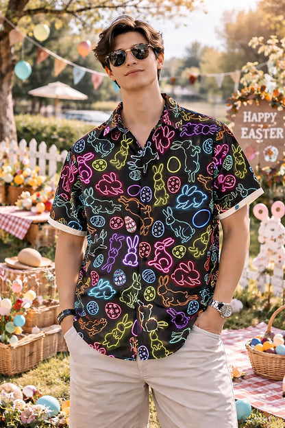 Easter Hawaiian Shirt, Lightweight Breathable Comfort, Neon Lights Bunny & Easter Egg Chest Pocket Print