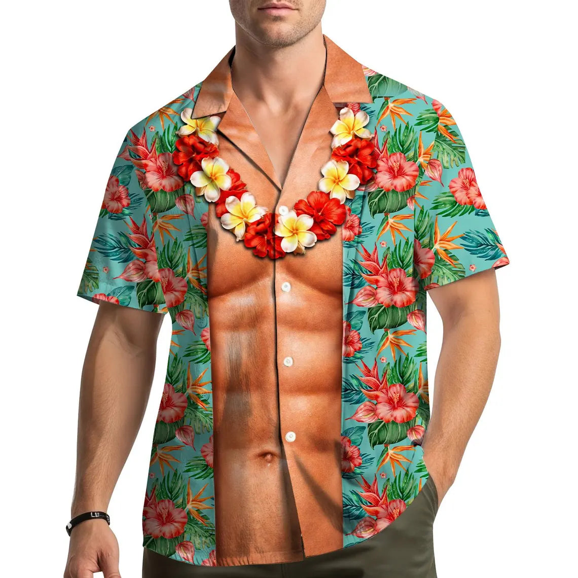 Funny Muscle Chest Hawaiian Shirt Men Women Youth, Men's Abs Aloha Shirt with Tropical Flowers, Summer Beach Party Shirt Button Down