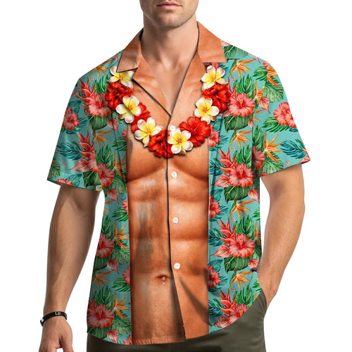 Funny Muscle Chest Hawaiian Shirt Men Women Youth, Men's Abs Aloha Shirt with Tropical Flowers, Summer Beach Party Shirt Button Down