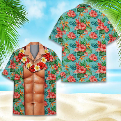 Funny Muscle Chest Hawaiian Shirt Men Women Youth, Men's Abs Aloha Shirt with Tropical Flowers, Summer Beach Party Shirt Button Down