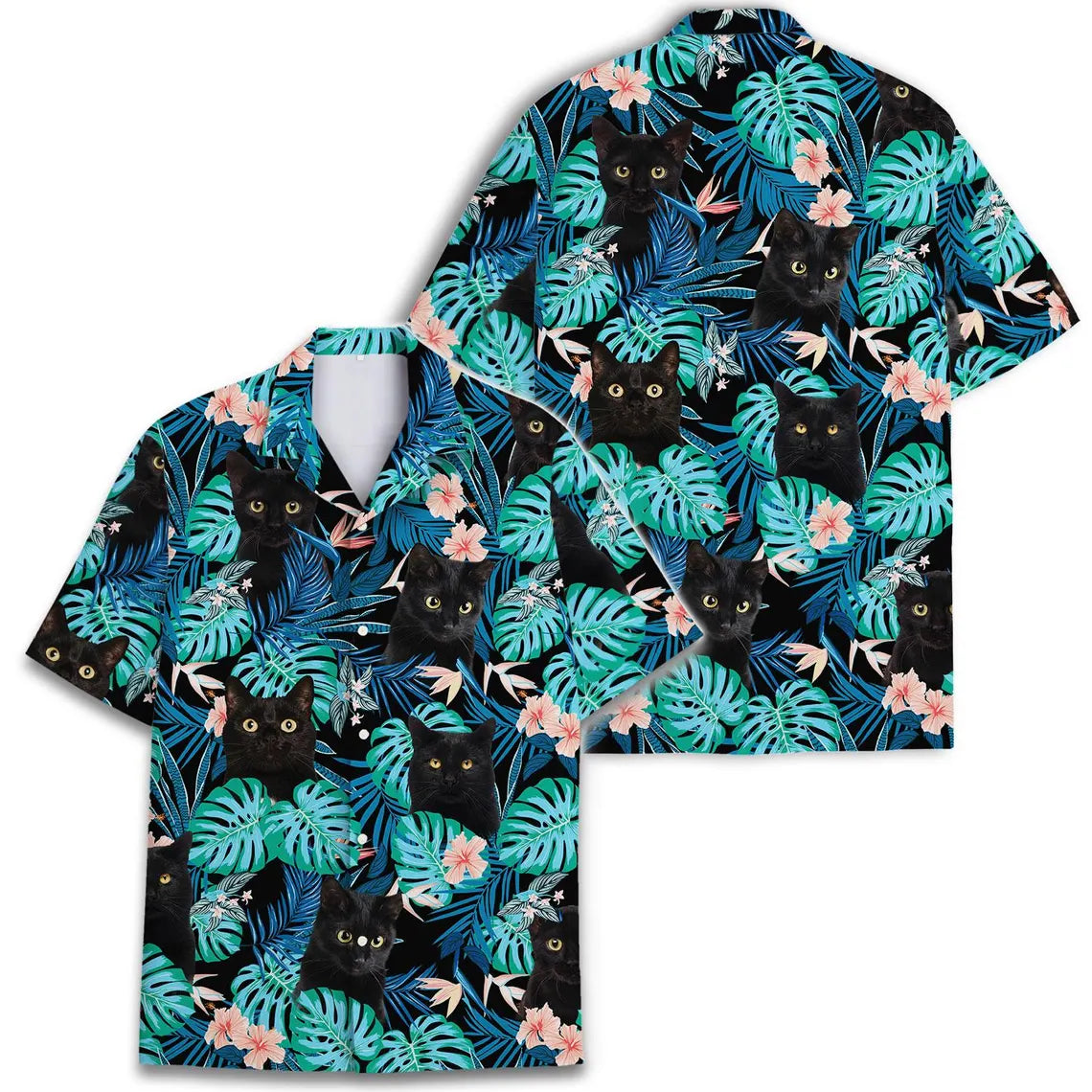 Custom Photo Tropical Black Cat Hawaiian Shirt, Funny Floral Aloha Shirt