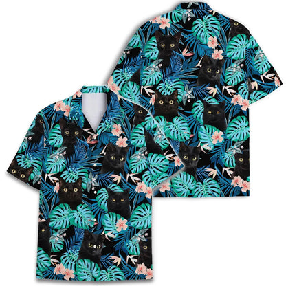 Custom Photo Tropical Black Cat Hawaiian Shirt, Funny Floral Aloha Shirt
