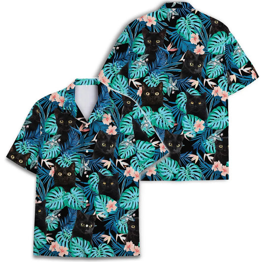 Custom Photo Tropical Black Cat Hawaiian Shirt, Funny Floral Aloha Shirt
