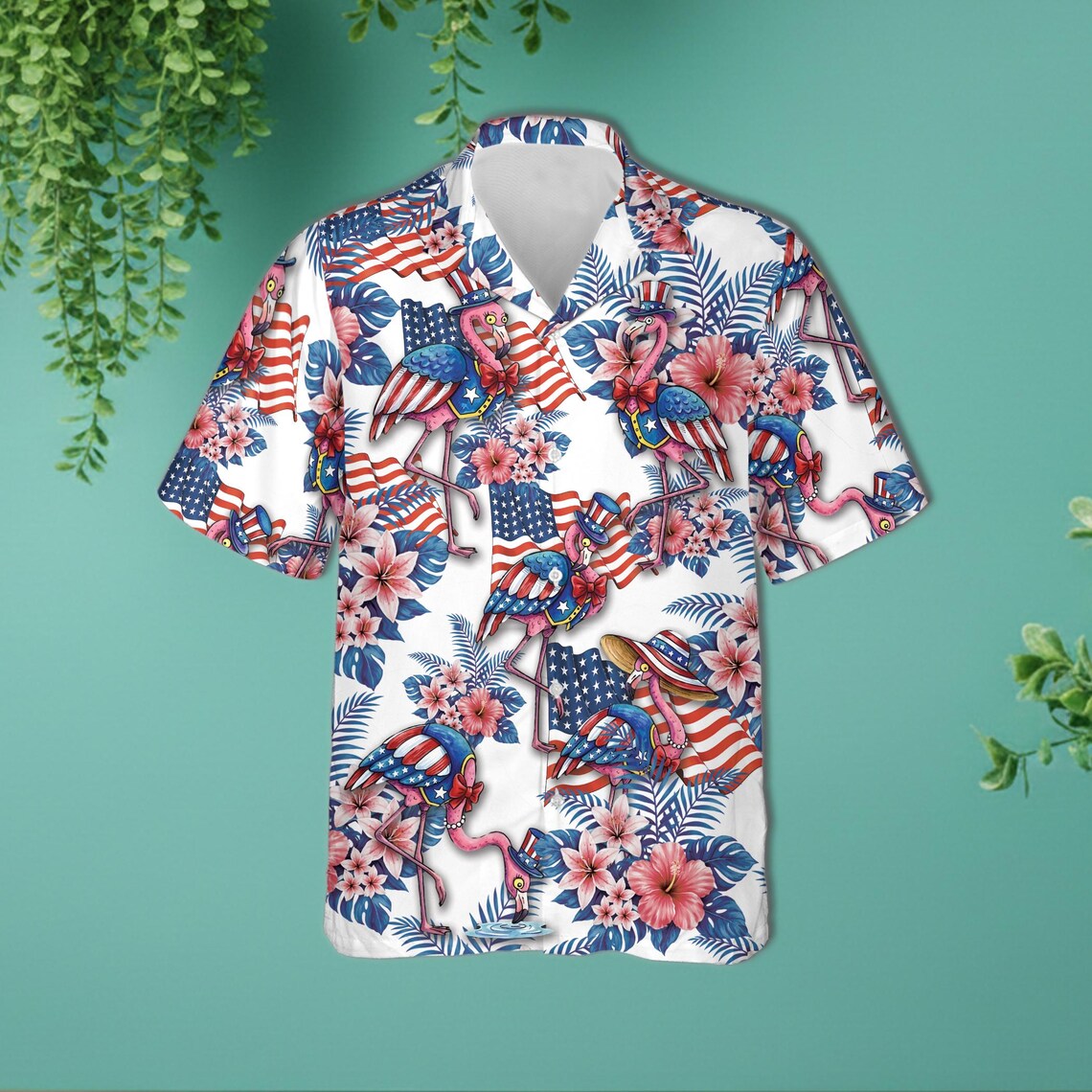 Patriotic Flamingo American Flag Hawaiian Shirt, Tropical Uncle Sam Bird Print, USA Pride Button Up, Funny 4th of July Summer Top