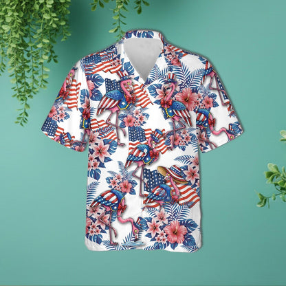 Patriotic Flamingo American Flag Hawaiian Shirt, Tropical Uncle Sam Bird Print, USA Pride Button Up, Funny 4th of July Summer Top