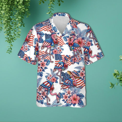 Patriotic Flamingo American Flag Hawaiian Shirt, Tropical Uncle Sam Bird Print, USA Pride Button Up, Funny 4th of July Summer Top